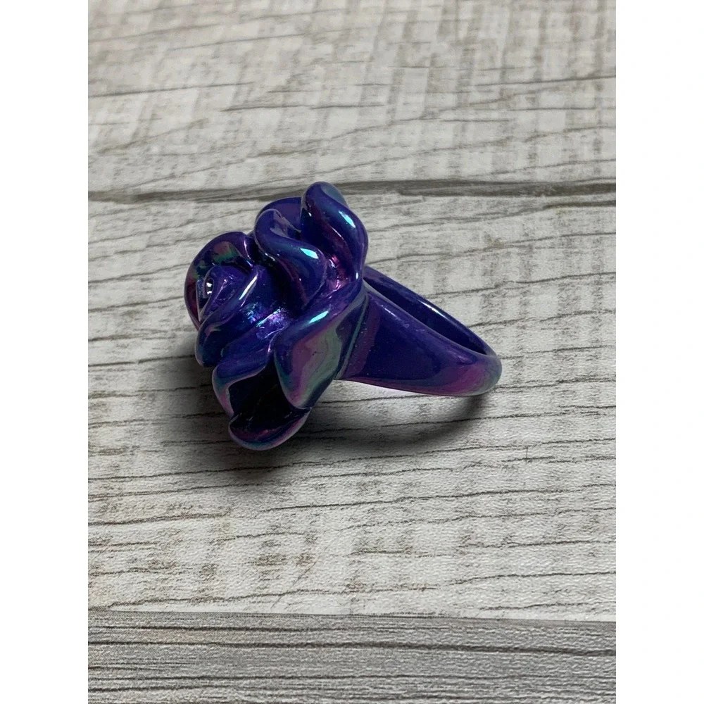 Iridescent Purple Rose Cocktail Ring Oil Slick Floral Statement Size 7 3287
